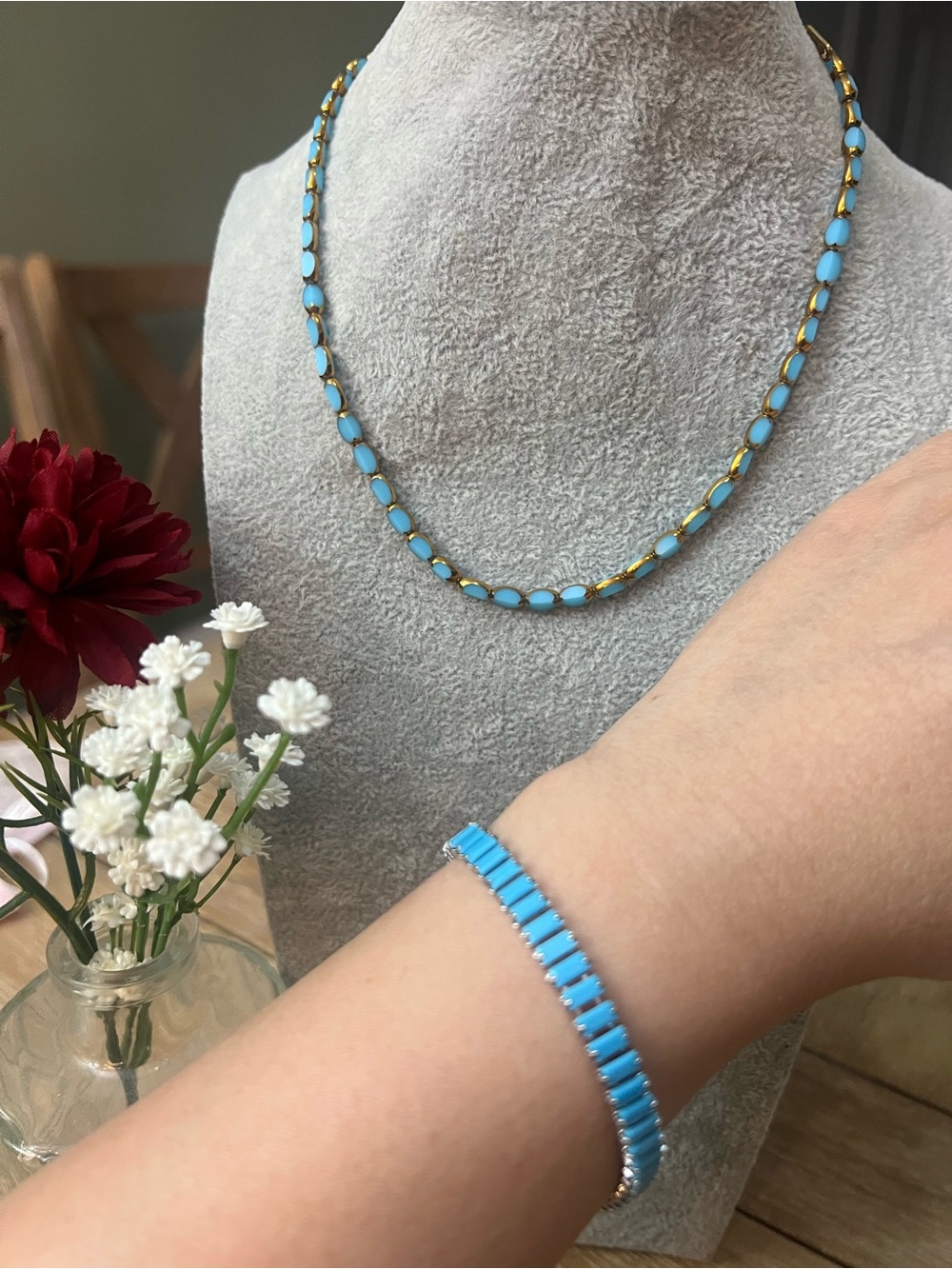 Turquoise Blue Stone Necklace & Bracelet Set - Women Jewelry